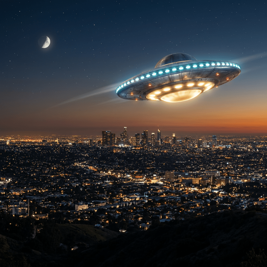 Flying saucer-shaped UFO with glowing lights hovering over city at night