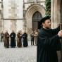 Banner depicting Luther at Wittenberg door