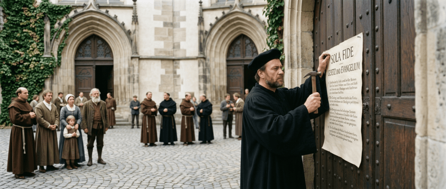 Banner depicting Luther at Wittenberg door